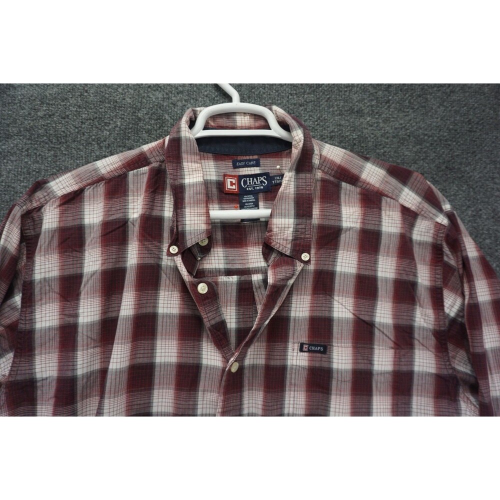 Chaps Shirt Mens XXL Red White Plaid Easy Care Button Down Long Sleeve